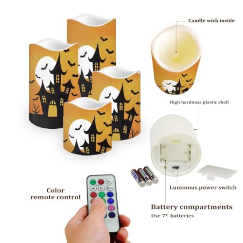 Image of Halloween Flameless Candles with Remote Set of 4 | Halloween Flameless Candle Set with Timer, Battery Operated Fake Candles for Kitchen Room Home Decor