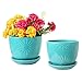 Aqua Sunburst Design Ceramic Flower Planter Pots, Decorative Plant Containers with Saucers, Set of 2