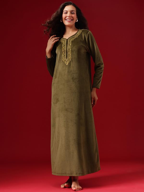Image of Clovia Women's Velour Long Nighty - Green
