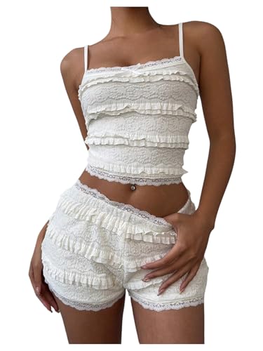 Verdusa Women's Coquette 2 Piece Ruffle Lace Outfit Crop Camisole with Mini Bloomer Shorts Set Beige Small