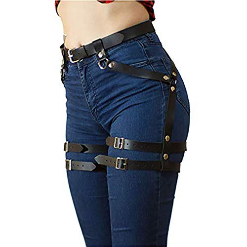 Newfancy Women's Pu Leather Leg Garter Caged Body Harness Belt Adjustable Punk Waist Belt Festival Rave Costume, Black A, One Size #TOP1