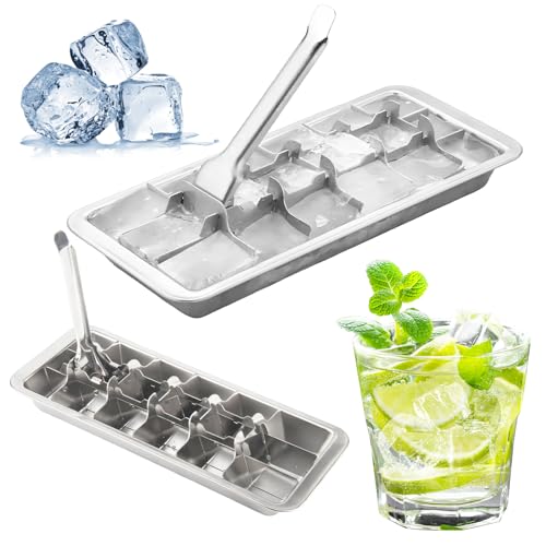 Xbessc 2 Stück Edelstahl Eiswürfelform 18 Schlitzen Eiswürfelformen mit Hebeleinsatz für müheloses Entnehmen Langlebige Eiswürfel Form Metall Eiswürfel Ice Cube Tray für Getränke Whisky Gin Rum