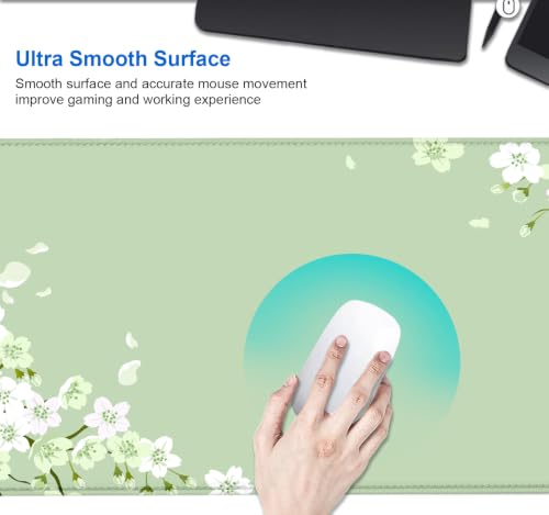 Image of IMAYONDIA Sakura Japanese Desk Mat, Cherry Blossom Flowers Large Gaming Mouse Pad, Pastel Floral Minimalist Mousepad Desk Decor for Women, Green Aesthetic Desk Pad for Work, Game, Office, 31.5x11.8