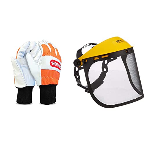 Oregon Chainsaw Left-Hand Protection Leather Gloves – Medium (size 9) (91305M) & Browguard and Steel Mesh Visor Combination, Adjustable Safety Face Shield