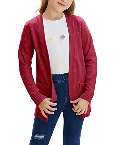 Image of Goranbon Girls' Cardigan Sweaters Open Front Long Sleeve Casual Sweater Coats with Pockets Red