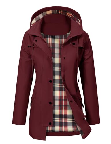 PASUDA Women's Waterproof Jacket Long Rain Coats Hooded Rain Jacket with Pockets Lightweight Windbreaker Raincoat Functional Trench Coats Hiking Running Camping Outdoor Coats (Burgundy Red, XXL)