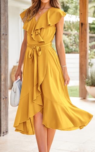 Prettygarden Short Sleeve Wrap V Neck Ruffle Summer Dress For Women Wedding Guest Dresses For Women 2024 Satin Midi Dresses  thumb #4