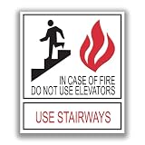 In Case Of Fire Use Stairway, Stairs Sign, ADA Signage White/Black Plastic Acrylic, Double Side Tape, Adhesive, Easy Mounting, Do Not Use Elevators (WHITE BLACK RED, 6'x7')