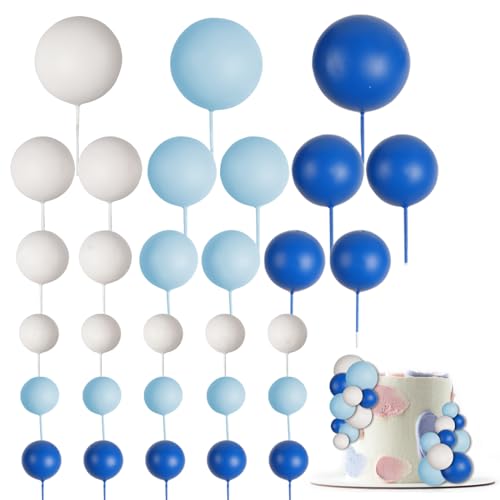 30 PCS Balls Cake Topper DIY Cake Insert Toppers Ball Cake Picks Cupcake Topper for Birthday Party Baby Shower Wedding Cake Decoration(Blue White Dark Blue)