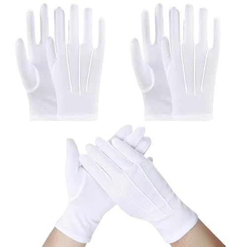 LUFFLOK 3 par vita handskar, sydda vita handskar för män och kvinnor, mjuka handskar, vita handskar för hantering bröllopsklänning, maskeradkläder och smycken, 3 par, en storlek