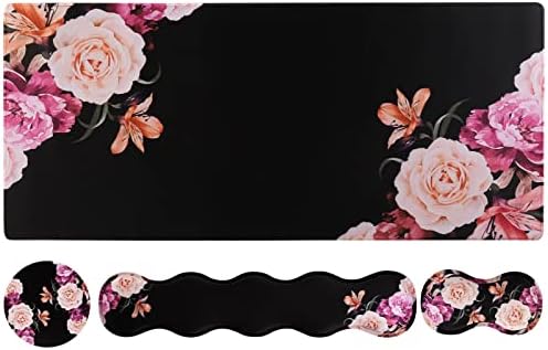 iLeadon Keyboard Mouse Pad Set, Large Gaming Mouse Pad + Keyboard Wrist Rest Support + Mouse Wrist Cushion + Coaster, Non-Slip Rubber Base, 35.4x15.7in Extended Desk Mat for Home Office, Peony Flower