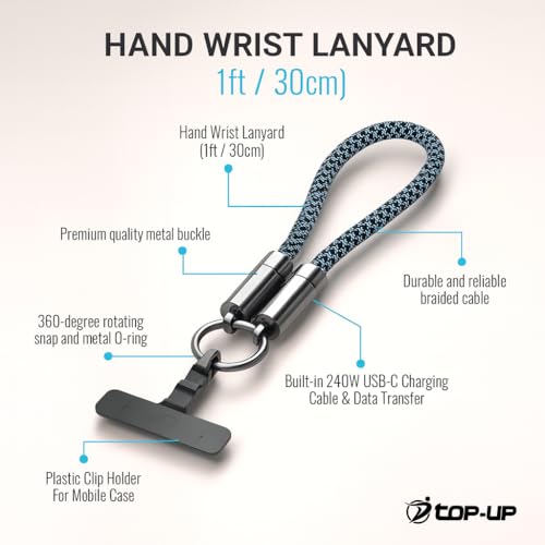 TOP-UP Hand Wrist Lanyard 1ft (30cm) – Universal Cell Phone Strap with Built-in 240W USB C Charging Cable & Data Transfer – Durable Rope, Travel Essentials for iPhone 17/16/15 & Smartphones