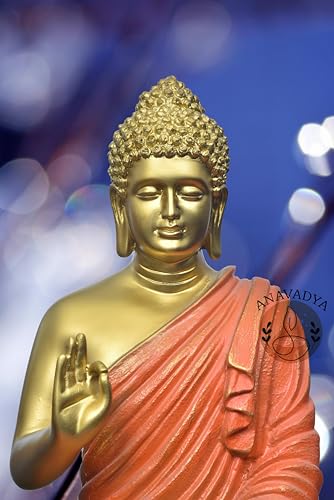 Image of Beautiful Sitting Buddha Idol Statue for Home & Garden Living Room | Healing Spirit Blessing Buddha Statue - 15 Inch Size (Golden + Orange)