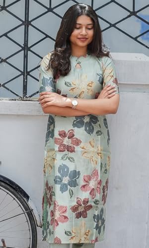 Image of Sun Fashion And Lifestyle Linen Blend Printed Straight Calf Length Kurta for Women | Kurti (KT72 Pista)