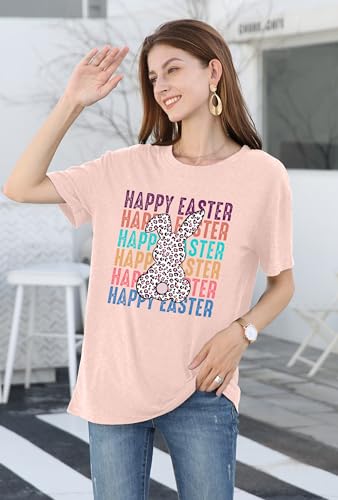 Image of Women Happy Easter T Shirt Bunny Rabbit Graphic T-Shirt Funny Letter Printed Shirts Short Sleeve Tops