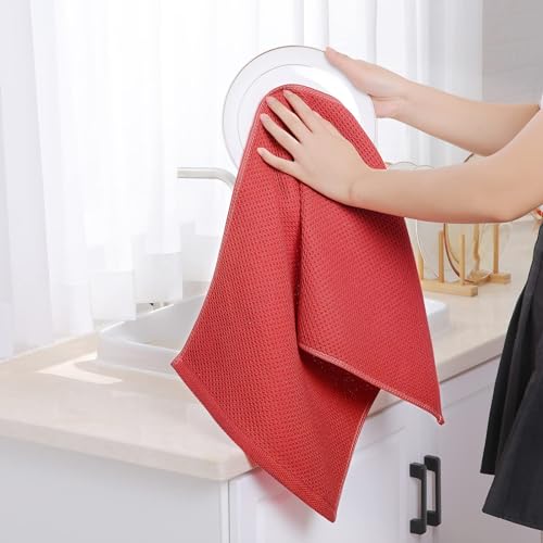 Image of Homaxy 100% Cotton Waffle Weave Kitchen Dish Towels, Ultra Soft Absorbent Quick Drying Cleaning Towel, 13 x 28 Inches, 6-Pack, Brick Red