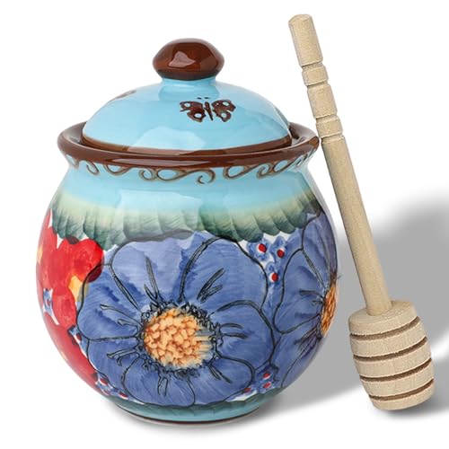 Hand-Painted Ceramic Honey Jar, 8 oz Honey Pot with Dipper (Glazed Blue)