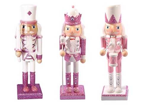 Christmas Nutcracker Toy Soldier Drummer (24cm) Wooden Glittery Decoration, pink/White