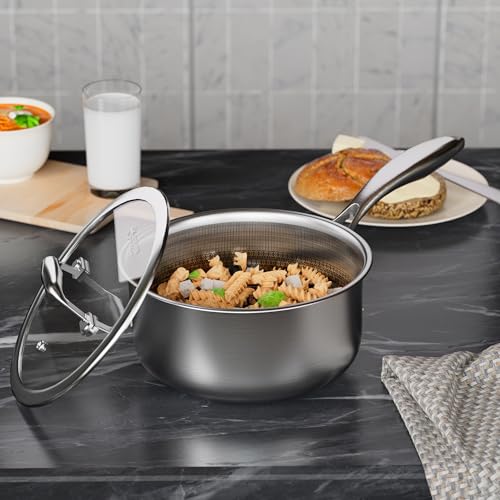 COOKER KING 1.5 Quart Stainless Steel Saucepan, Nonstick Sauce Pan, Ceramic Suce Pot with Tempered Glass Lid, Induction Pot Compatible with All Cooktops, Dishwasher & Oven Safe(PFAS/PFOA/PTFE Free)