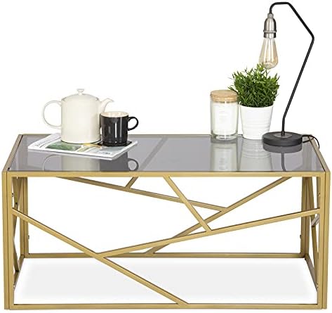 Bravich Modern Retro Glass Coffee Table for Home Office and Family Use | Metal Legs with a Golden Grainy Coated Finish - Metal, 100cm X 45cm X 50cm