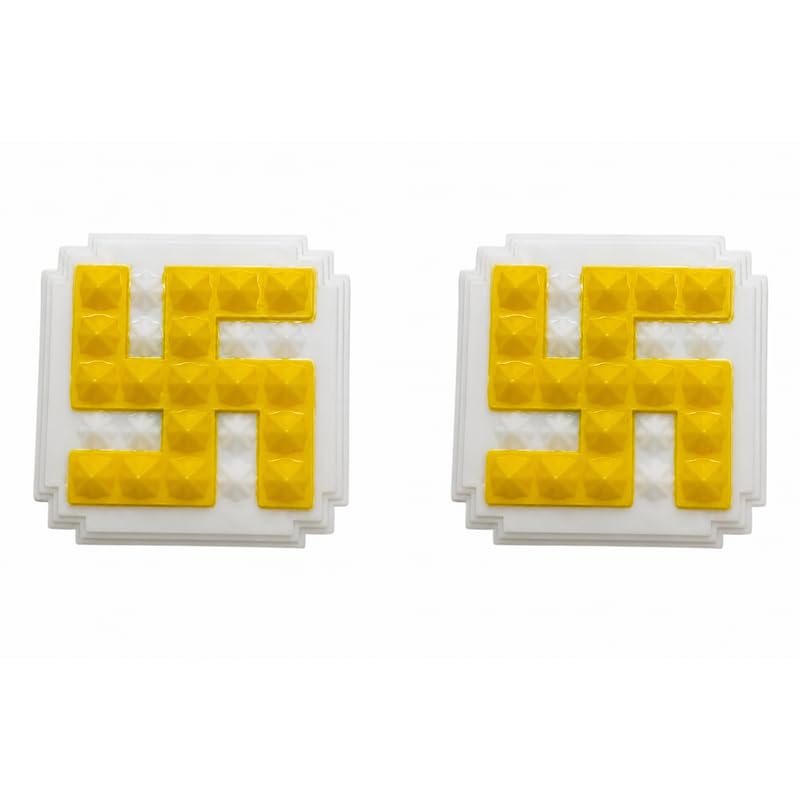 Image of Plastic Yellow swastik Pyramid Plate | Size- 2.5 Inch Approx | Wall Sticking Swastik | Pack of 2 | Prosperity & Peace Enhancer