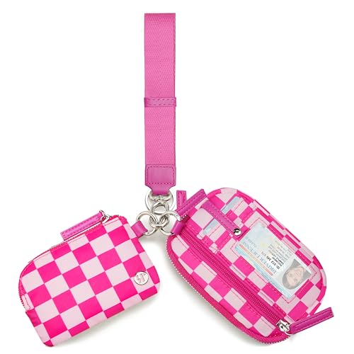 Sunpour Nylon Wallet Wristlet for Women RFID Wallet Keychain Small Wallets Woman with Coin Purse & ID Window (Checkered Rose Pink)