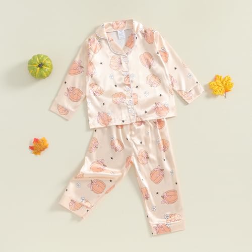 Qiylii Toddler Girls Silk Halloween Pajamas Pumpkin Print Long Sleeve Fall Pjs Button-Up Satin Pajamas Halloween Nightgown2