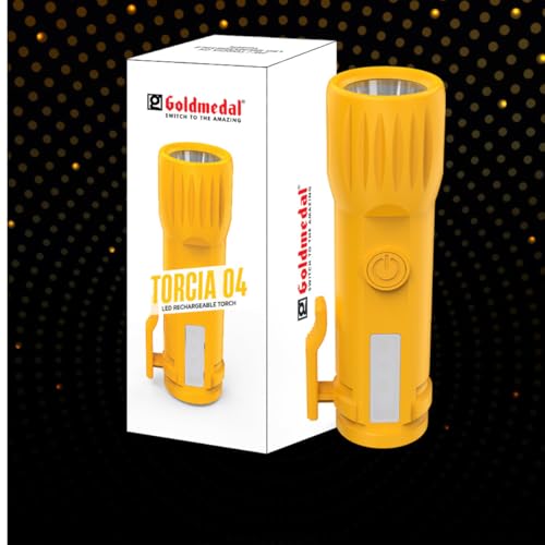 Image of Goldmedal Torcia 04 1+1W LED Rechargeable Torch - Cool Daylight (6500K) | 500 mAh Li-ion Battery | Battery Back-up Up to 2 Hours | Deep Discharge Protection | Type C Charging | Pocket Gripper