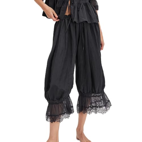 Image of KOSUSANILL Women Long Bloomer Pants Lace Trim Ruffle Pantaloons Cropped Lounge Pajama Bottoms Y2K Capri Pettipants