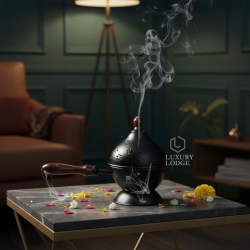 Image of 𝐋𝐔𝐗𝐔𝐑𝐘 𝐋𝐎𝐃𝐆𝐄 Metal Dhoop Dani | Incense Burner for Puja | Loban Dani | Bakhoor Burner | Dhoop Holder Stand | Globe Design with Wooden Handle | Pooja Room Decor | Home Fragrance | Gift