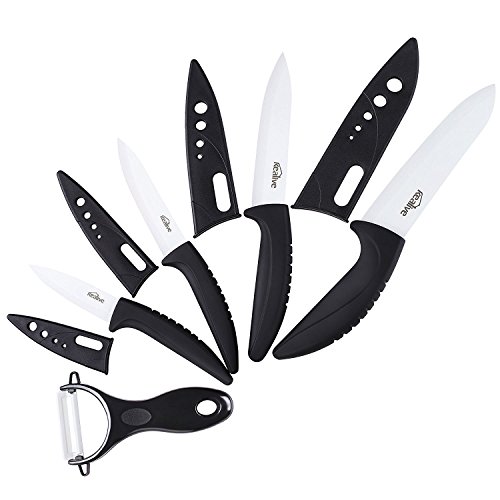 Kealive Cuchillos Cerámica Set [ 5 Piezas ] Juego de Cuchillos de Cocina 4 Cuchillos de Cocina con Chaqueta Protectora...