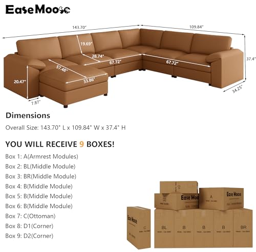 Image of EASE MOOSE Faux Leather Sectional with Ottoman, Oversized Modular Couch, Modular Sectional Sofa with Deep Seat, Scratch Resistant Faux Leather Material, U Shaped Couch for Big Spaces, Brown