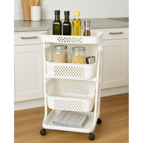 Image of Cortina Plastic Kitchen Storage Trolley Rack,Slide Out Storage Shelves Space Saving Home Nightstands Storage Organizer Box,for Newborn Essentials,Multifunction (3 Layer Kitchen Storage Trolly)