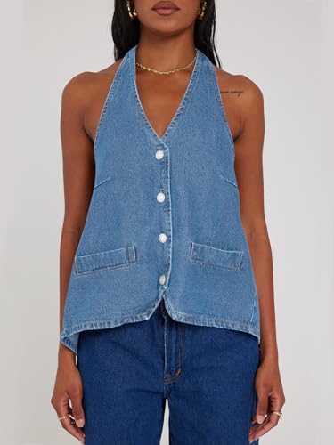 Image of Tankaneo Womens Halter Denim Vest Tops Summer Sleeveless Open Back Y2K Going Out Jean Tank Tops V Neck Button Up Waistcoat