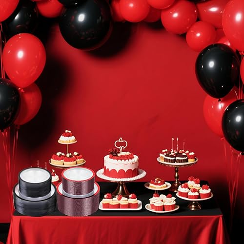 U-QE 120PCS Red Plastic Plates - Clear and Red Plate Disposable Heavy Duty - Include 60 10inch Dinner and 60 7inch Dessert Plates for Party, Wedding, Showers, Birthdays