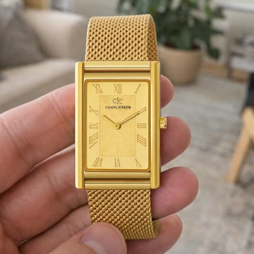 Image of CHARLIEKEEN Rectangular Watch, Gold, Mesh Strap, Roman Numerals, Textured Dial for Men