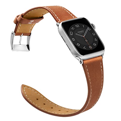 Marge Plus Compatible with Apple Watch Band Series SE 7 6 5 4 3 2 1 45mm 41mm 44mm 40mm 42mm 38mm, Genuine Leather Replacement Band for iWatch, Leather Apple Watch Strap for Women & Men Brown