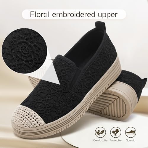 Shupua Womens Slip on Shoes Stylish Lace Casual Loafers Lightweight Platform Sneakers Comfortable Spring Flat Shoes for Office, Work4