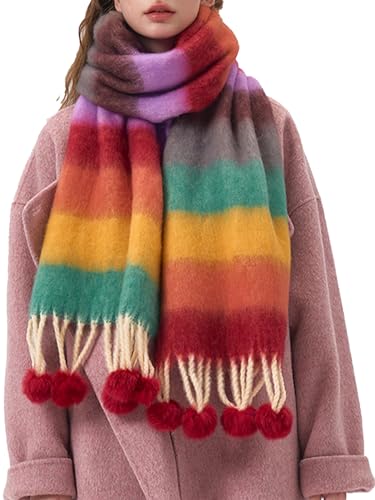 CORIRESHA Women's Rainbow Striped Scarf Soft Winter Warm Thick Shawl Gifts with Pom Pom