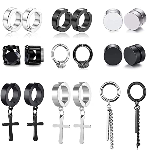 18Pièces Fausse Boucle d'oreille Homme Acier Inoxydable Boucle D'oreilles Magnétique Fausse Creole Boucle D'oreilles Aimant Fausse Homme Boucle D'oreilles Clip Boucle D'oreilles Croix Non-Piercing Cover