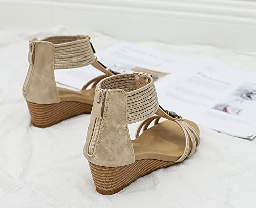 Fralosha Wedge Sandals For Women Open Toe Casual Summer Roman High Heel Breathable Beach Sandals Gold 8.5 #TOP2