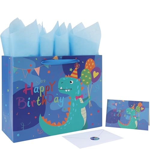 wishinside 13'' Large Dinosaur Birthday Gift Bag Set with Handles, Greeting Card, Tissue Papers and Stickers for Baby Boys Kids Teens for Birthday Party, kids' Parties, Dinosaur Design, 1 Pcs