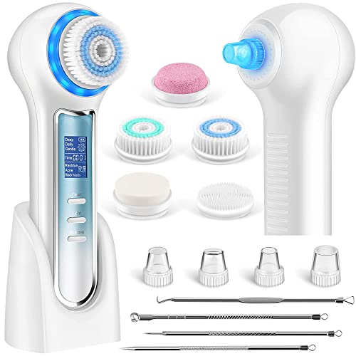 UMICKOO Face Scrubber Exfoliator,Facial Cleansing Brush Waterproof with LCD Screen,Blackhead Remover Vacuum with 5 Brush Heads,Face Spin Brush for Exfoliating, Massaging and Deep Pore Cleansing