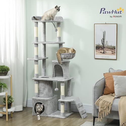 PawHut Árbol Rascador para Gatos Grande, Árbol para Gatos, Altura 170 cm, Torre de Escalada con 7 Postes, 1 Túnel, 3 Plataformas, 2 Cuevas, 1 Hamaca, 1 Percha, 1 Rampa, Pompones, Gris Claro - imagen 2