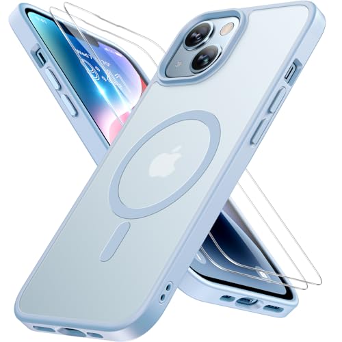 Image of Miracase Magnetic for iPhone 14 Case 6.1 inch (Compatible with MagSafe)(with 2X Screen Protectors) Military-Grade Protection, Anti-Fingerprint Translucent Matte Phone Case Cover, Light Blue