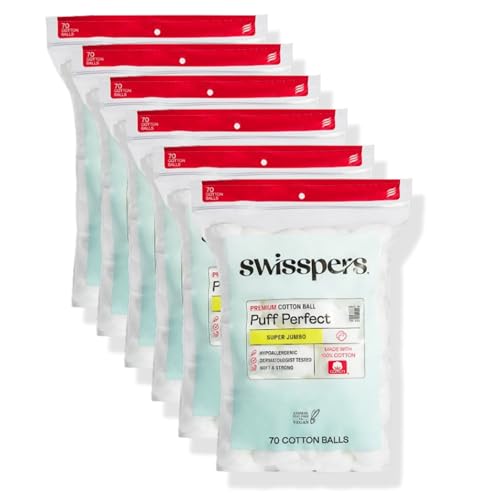 Swisspers Puff Perfect Super Jumbo Cotton Balls - 100% Natural USA-Made Beauty & Household Puffs - Premium Hypoallergenic Multi-Purpose Balls for Skincare Pets & Crafts (70 Count) 6 Pack