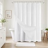Picture of Inhousolu Boho Farmhouse Shower Curtain with Fabric Liner Set, Faux Linen Textured, 14 Metal Hooks Luxury Weighted Hem, Washable Wrinkle Free Bath Curtain for Hotel Bathroom 72" W x 72" L White