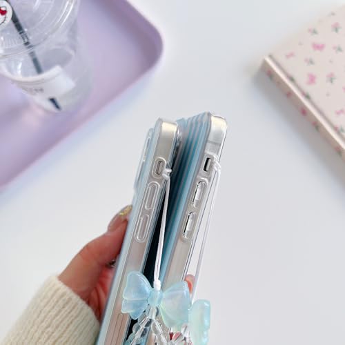 Fxlzcw Linda capa de telefone listrada para iPhone 16e com corrente de contas, capa protetora estética macia e fina TPU à prova de choque para meninas e mulheres (azul)