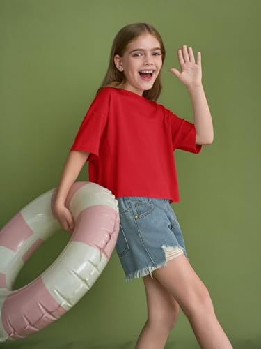 Image of Girls Athletic Oversized Crop Tops Kids Drop Shoulder Short Sleeve T Shirts Workout Tees 5-14 Years