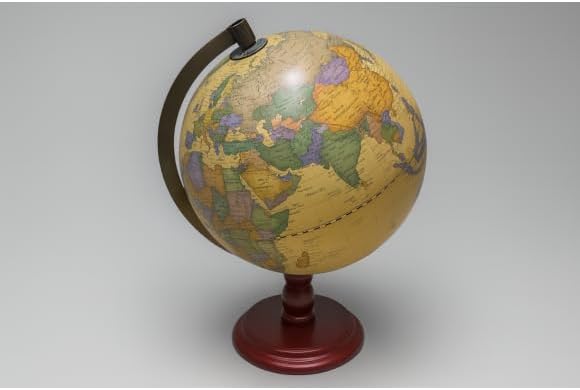 Vintage Decorative Earth Globe, Antique Style Plastic Base, Gold Political Map 12"